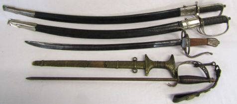 Pair and a single replica sabres, Arabic dagger and a sword fire poker