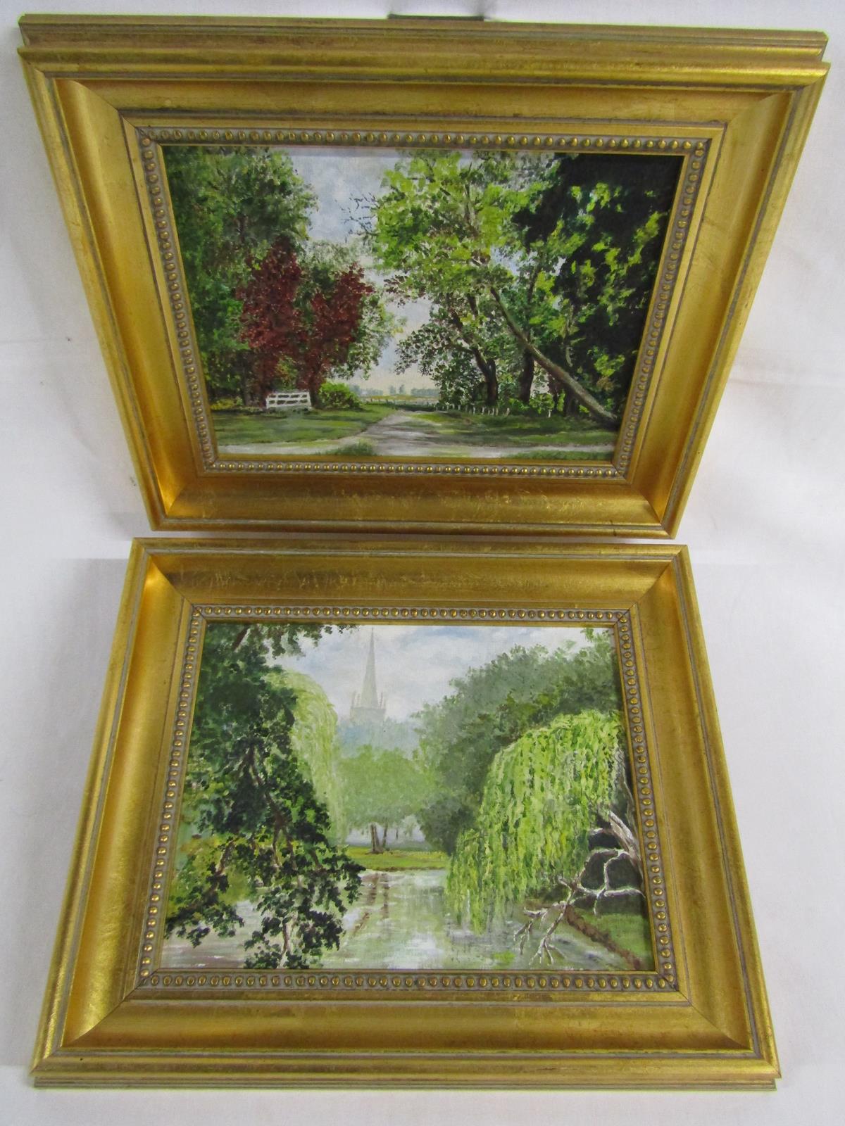 2 framed oils on board one signed to left corner M S Roe 1985 (hidden behind frame) of tree lined