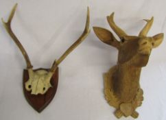 Mounted wooden deer head and a pair of trophy antlers