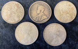 5 one rupee coins 1873,1879, 1884,1888 & 1917