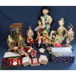 Selection of Chinese costume dolls, pin cushions, replica Terracotta Army figure, writing set , 2
