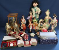 Selection of Chinese costume dolls, pin cushions, replica Terracotta Army figure, writing set , 2