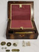 Victorian writing slope with parquetry decoration with coin contents, including various foreign