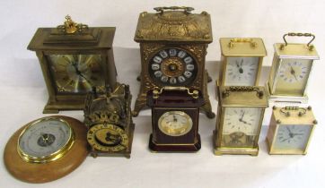 8 clocks including brass Smiths electric clock, London Clock Co Westminster and Whittington Chime,