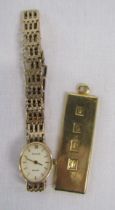 Ladies 9ct gold Accurist watch (damage to strap) - total weight 13.42g and yellow metal pendant