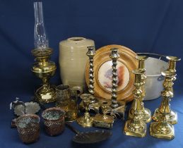 Small stoneware keg, jam pan, pair of small Joseph Sankey & Sons copper pots with acorn