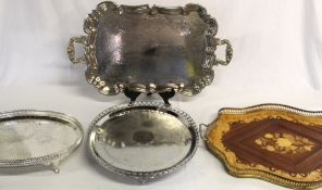 3 silver plate trays and a wooden Sorrento ware marquetry tray