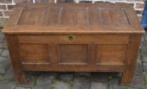 18th century oak coffer on stile legs with candle box & ring hinges, L102cm x W48cm x H56cm
