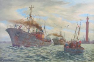 Keith Baldock '03 oil on canvas depicting Grimsby trawler GY246 - approx. 88cm x 63cm