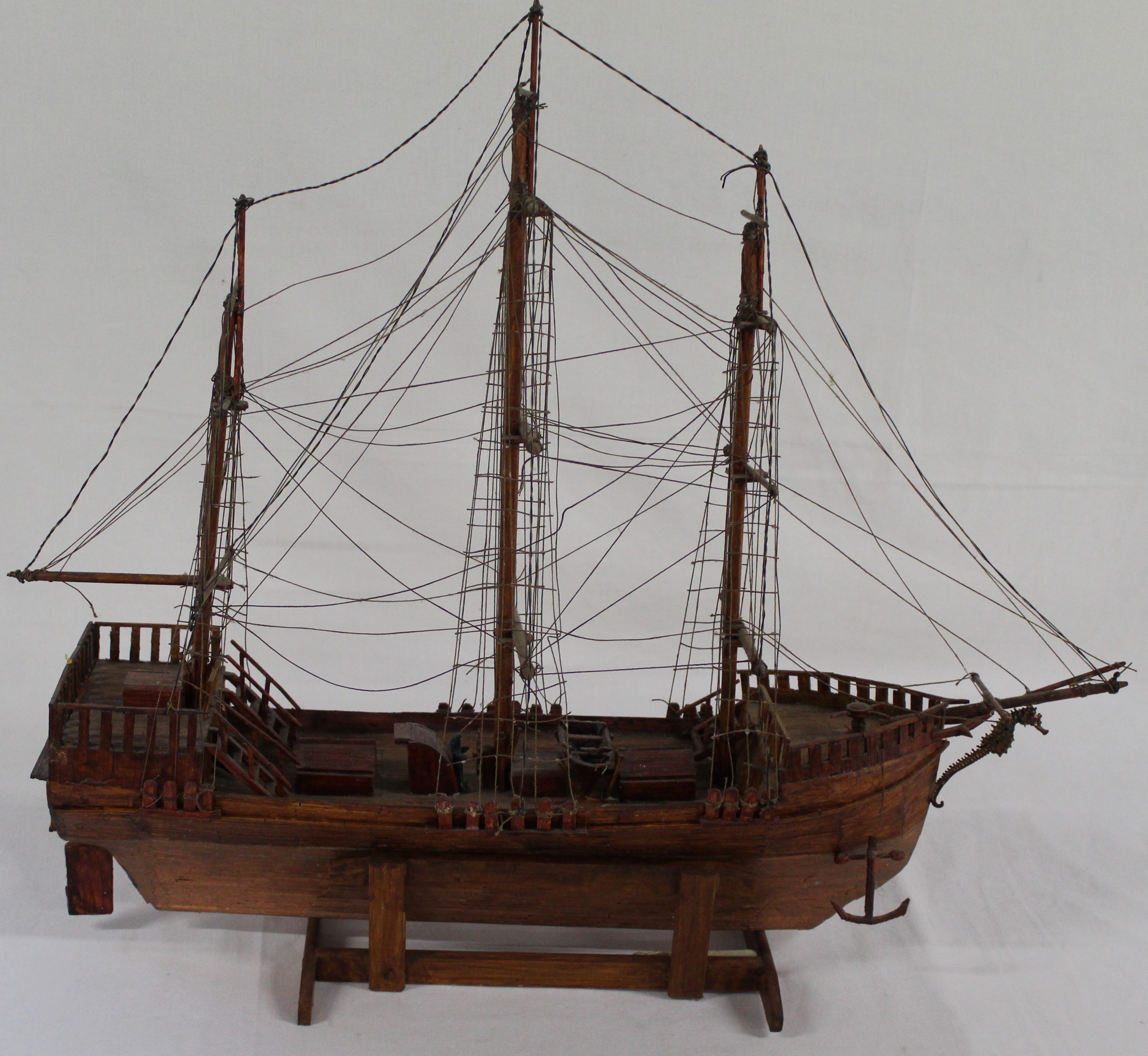 Wooden model galleon, W63cm x H56cm