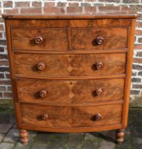 Victorian bow fronted chest of drawers with walnut veneer, W105cm x D54cm x H125cm