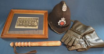 Greater Manchester Police hat, "Uniform" Brand gloves REG No.288187, Police wooden truncheon and a