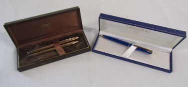 Cross 1/20 14k rolled gold fountain and rollerball pen also a waterman rollerball pen