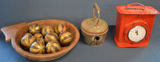 Red clock tin, broken cooper kettle, metal dish and a wooden tribal style bowl with decorative