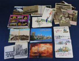 Selection of mixed postcards including topographical, real photographic and hand painted greetings
