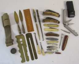 Brass 1951 brass button sticks, bullet letter openers, boot hooks, pocket knives, multi tool, etc