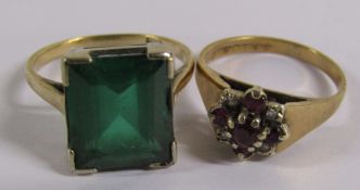 2 x 9ct gold rings - square set green stone size M and ruby and diamond cluster size L - total