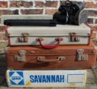 2 vintage suitcases, pair of Prinz binoculars, telescope & gas stove, horse brasses and Coronation