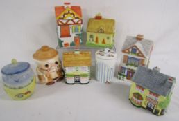 8 cookie / storage jars includes Kensington country farm, coffee shop, Carlton ware cottage