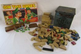 Vintage games includes Denys Fisher 'On the Buses' wooden building blocks, Britains cowboys and