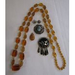 Collection of costume jewellery includes abalone inlaid brooch stamped Mexico, agate pendant, brooch