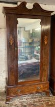 Edwardian wardrobe with marquetry panels, swan neck pediment & mirror door (crack at base of the