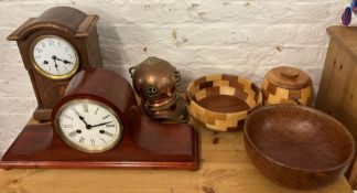 2 mantel clocks, miniature diving helmet & 2 wooden bowls