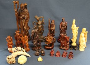 Selection of carved wooden & resin Chinese figures including Buddha & Sages