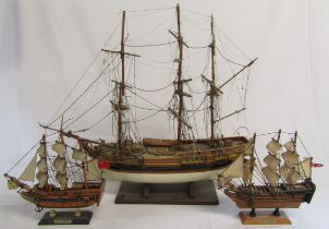 Large wooden model ship and two smaller models H.M.S Bounty and H.M.S Victory ship models