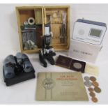 Kibro boxed microscope, coins includes Festival of Britain 1951 five shillings, Air Raid Precautions