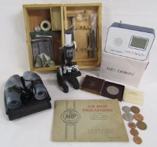 Kibro boxed microscope, coins includes Festival of Britain 1951 five shillings, Air Raid Precautions