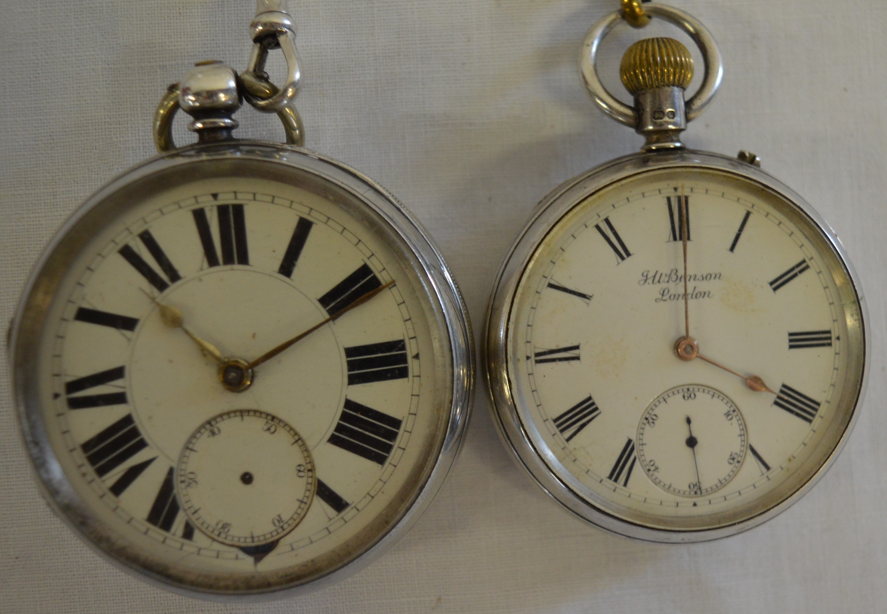 4 pocket watches in need of repair, including silver H V Benson London and another with engraved - Image 7 of 8