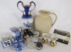 Collection of ceramics includes Arthur Wood and Hillstonia stoneware jugs, acrylic paperweight