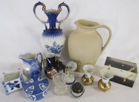 Collection of ceramics includes Arthur Wood and Hillstonia stoneware jugs, acrylic paperweight