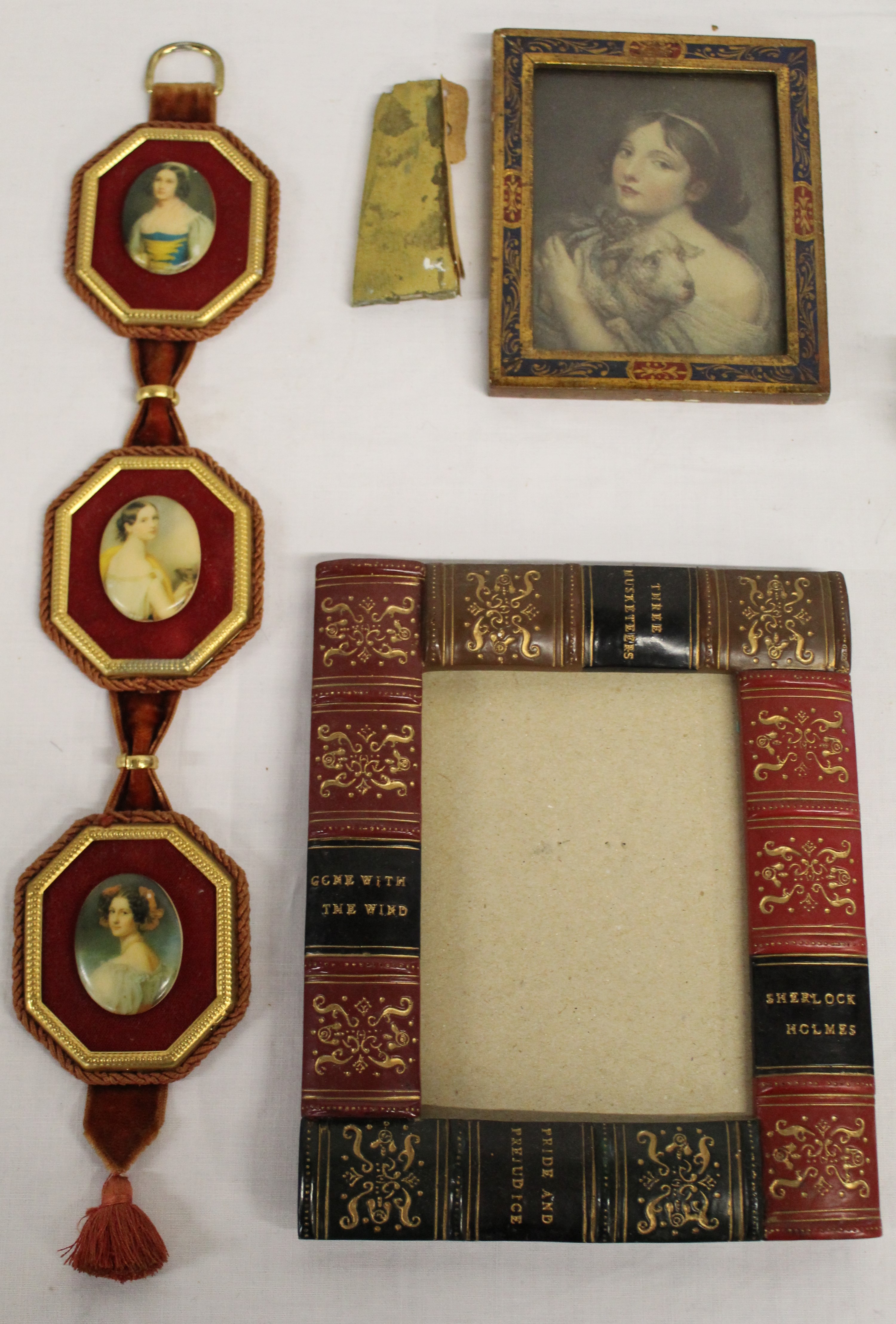 Picture frames, music box with stag design, painted terrier, ornate picture frames, brass lizard and - Image 2 of 6