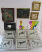 6 framed Italian style horse prints, Tony Bennett photographic print of a fox, hand drawn gorilla,