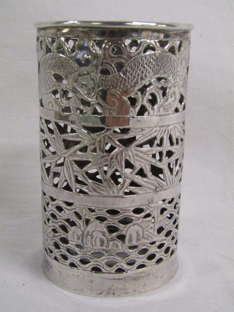 Sammy of Hong Kong Chinese Export Pierced Silver Vase Sleeve Cylindrical Shaped - Image 3 of 5