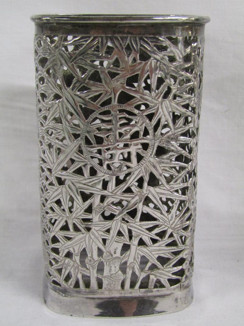 Sammy of Hong Kong Chinese Export Pierced Silver Vase Sleeve Square Shaped - Image 3 of 6