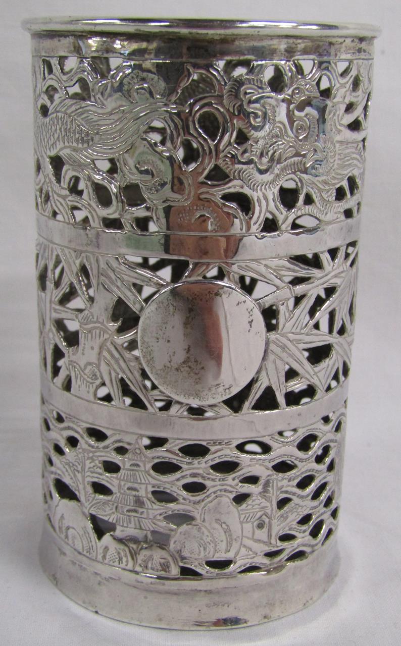 Sammy of Hong Kong Chinese Export Pierced Silver Vase Sleeve Cylindrical Shaped