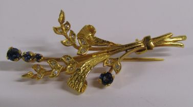 9ct Gold, Diamond & Sapphire Floral Spray Brooch