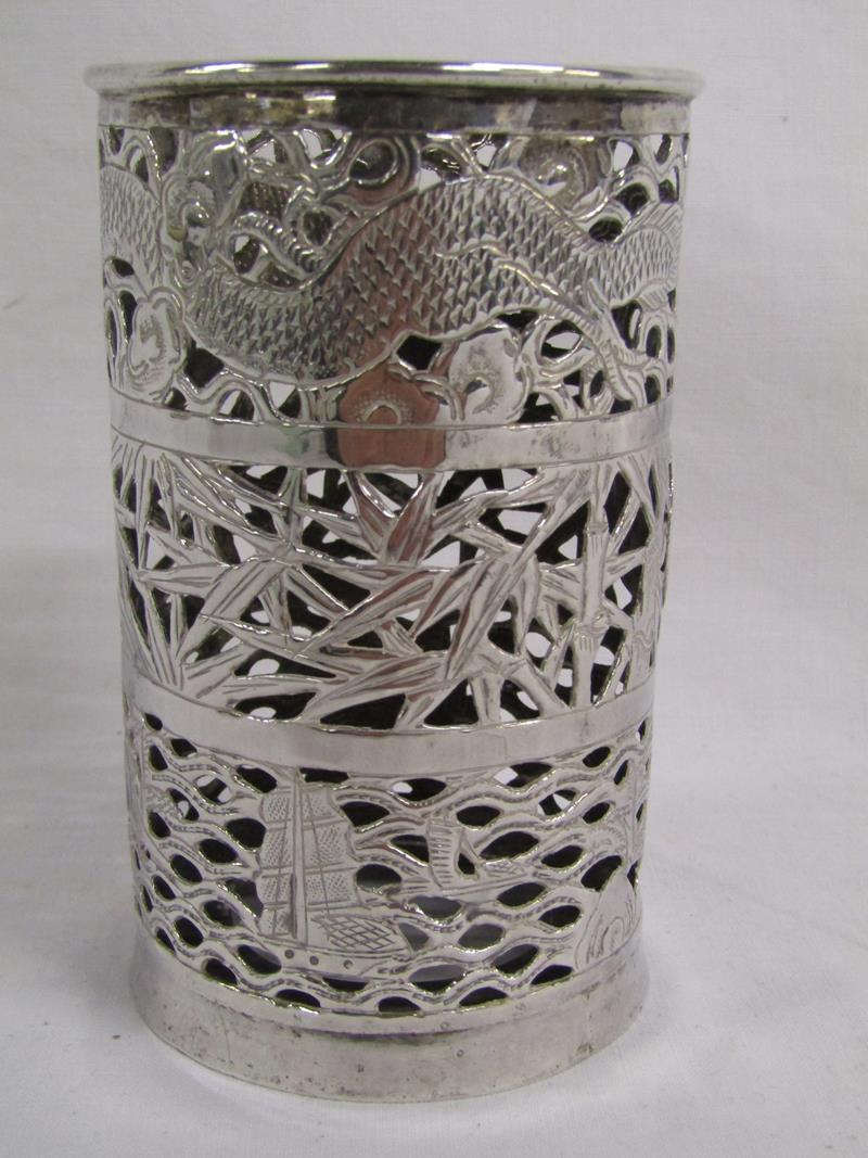 Sammy of Hong Kong Chinese Export Pierced Silver Vase Sleeve Cylindrical Shaped - Image 4 of 5