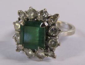 18ct White Gold Emerald & Diamond Cluster Ring