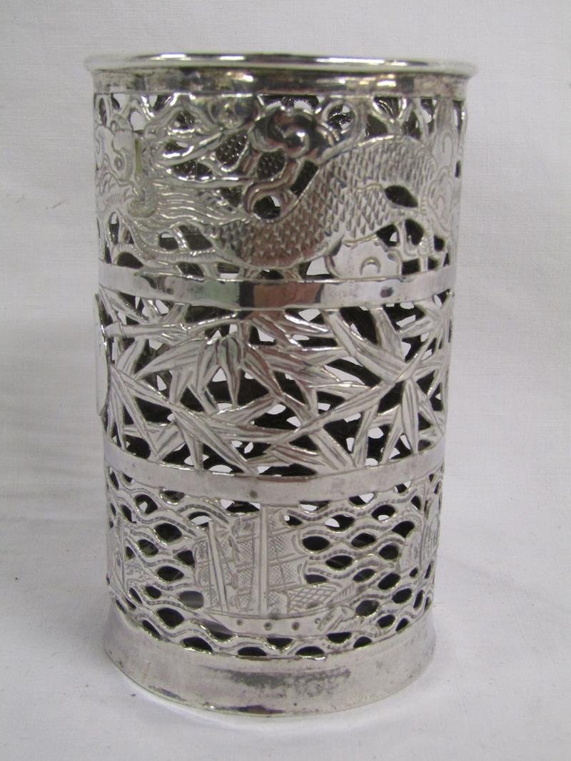 Sammy of Hong Kong Chinese Export Pierced Silver Vase Sleeve Cylindrical Shaped - Image 2 of 5