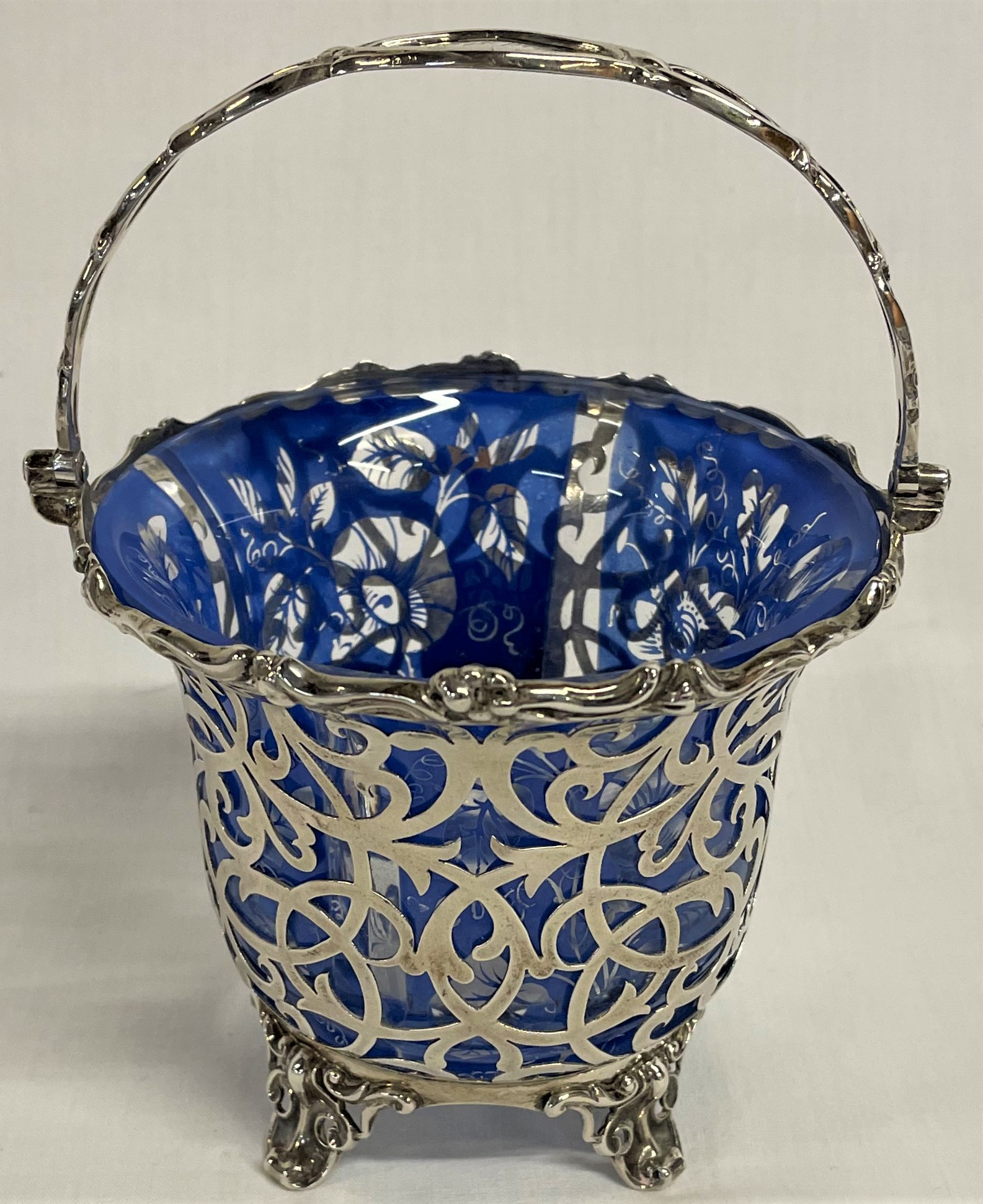 Victorian Silver Sugar Basket with Floral Glass Liner