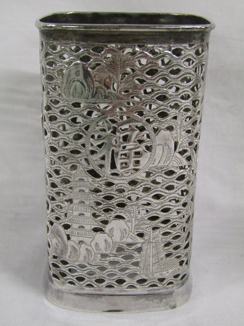 Sammy of Hong Kong Chinese Export Pierced Silver Vase Sleeve Square Shaped - Image 2 of 6