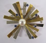 18ct Gold Pearl, Diamond & Sapphire Brooch