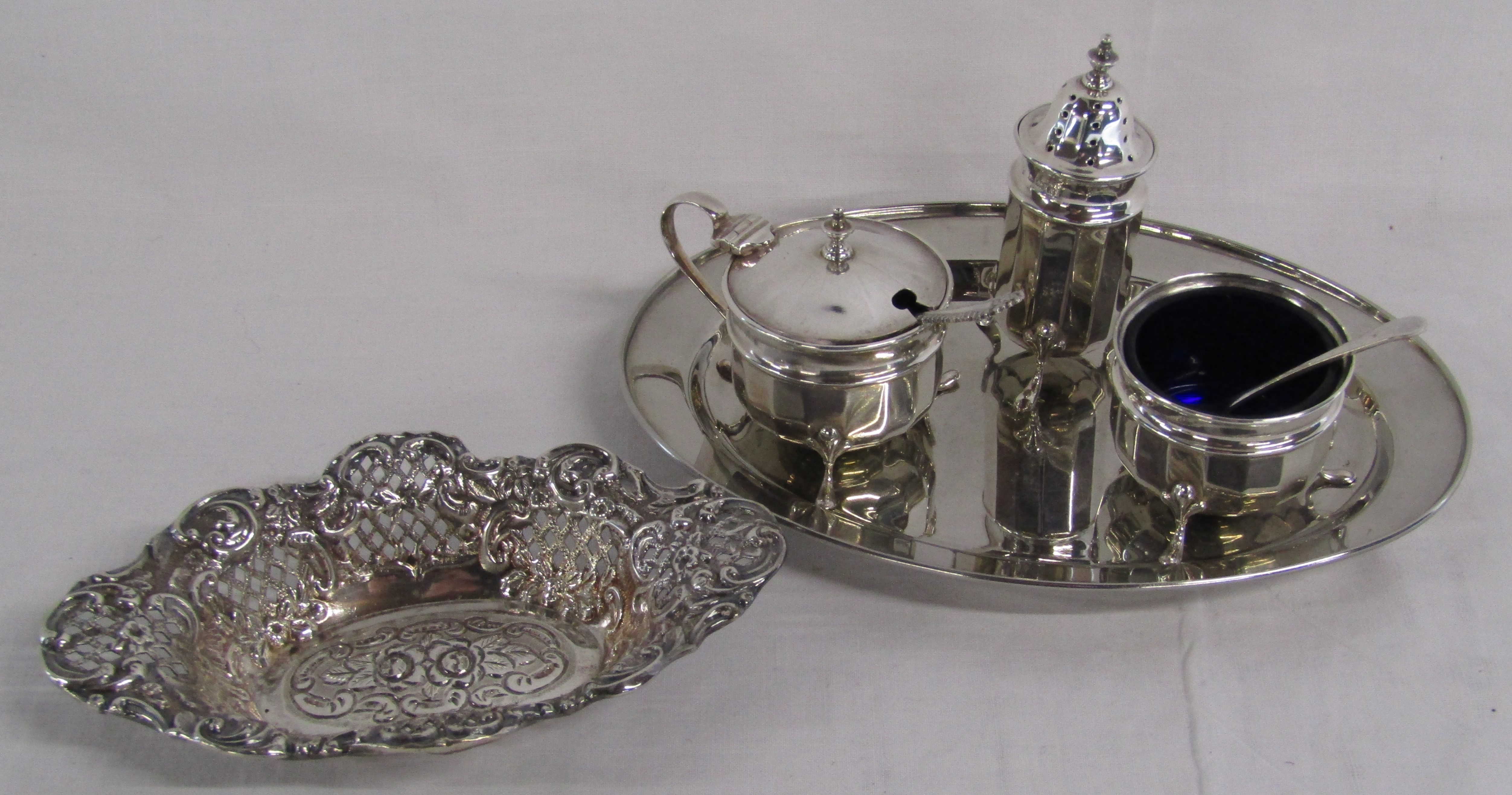 Victorian Silver Dish, Cruet & Plated Tray