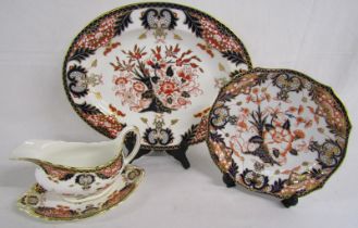 Royal Crown Derby 'Derby Japan' gravy boat & dish plate, platter 35cm and sandwich plate