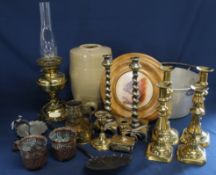 Small stoneware keg, jam pan, pair of small Joseph Sankey & Sons copper pots with acorn