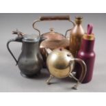 A copper kettle, a pewter jug, a silver plated kettle, a copper flask and a water bottle